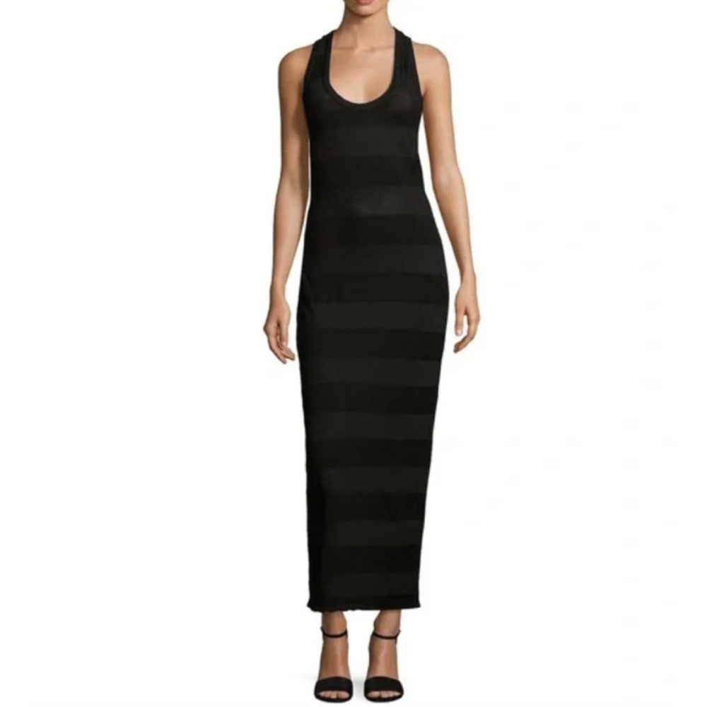 Standard James Perse Bar Striped Maxi V Neck Racerback Black Dress Sz Large